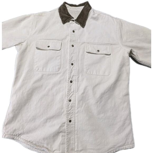J. Galt Sherpa Lined Canvas Shirt Jacket S Cream Brown Corduroy Collar Workwear - Picture 2 of 12